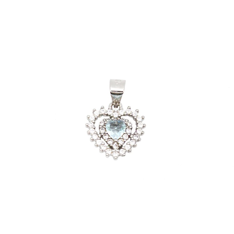Ciondolo con zircone a cuore acqua marina in doppia cornice di zirconi bianchi placcato oro bianco in argento925