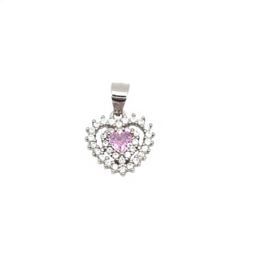 Ciondolo con zircone a cuore rosa in doppia cornice di zirconi bianchi placcato oro bianco in argento925