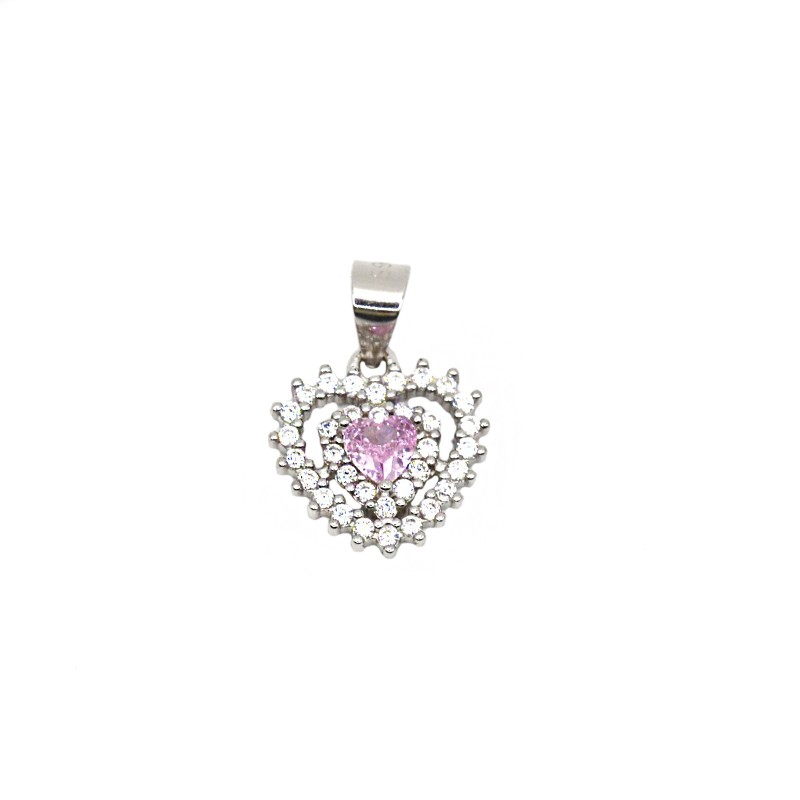 Ciondolo con zircone a cuore rosa in doppia cornice di zirconi bianchi placcato oro bianco in argento925