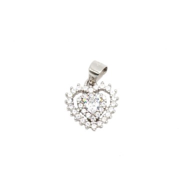 Ciondolo con zircone a cuore bianco in doppia cornice di zirconi bianchi placcato oro bianco in argento925