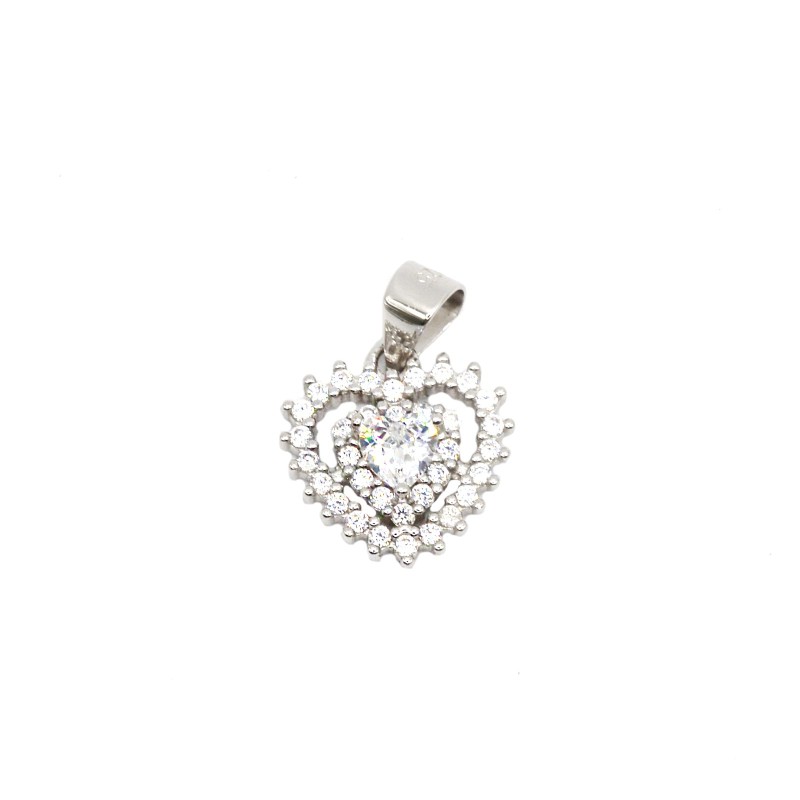 Ciondolo con zircone a cuore bianco in doppia cornice di zirconi bianchi placcato oro bianco in argento925