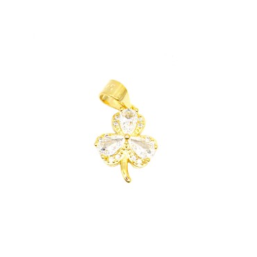 Ciondolo trifoglio con tre petali a spola bianca e contorno zirconati placcato in oro giallo in argento 925