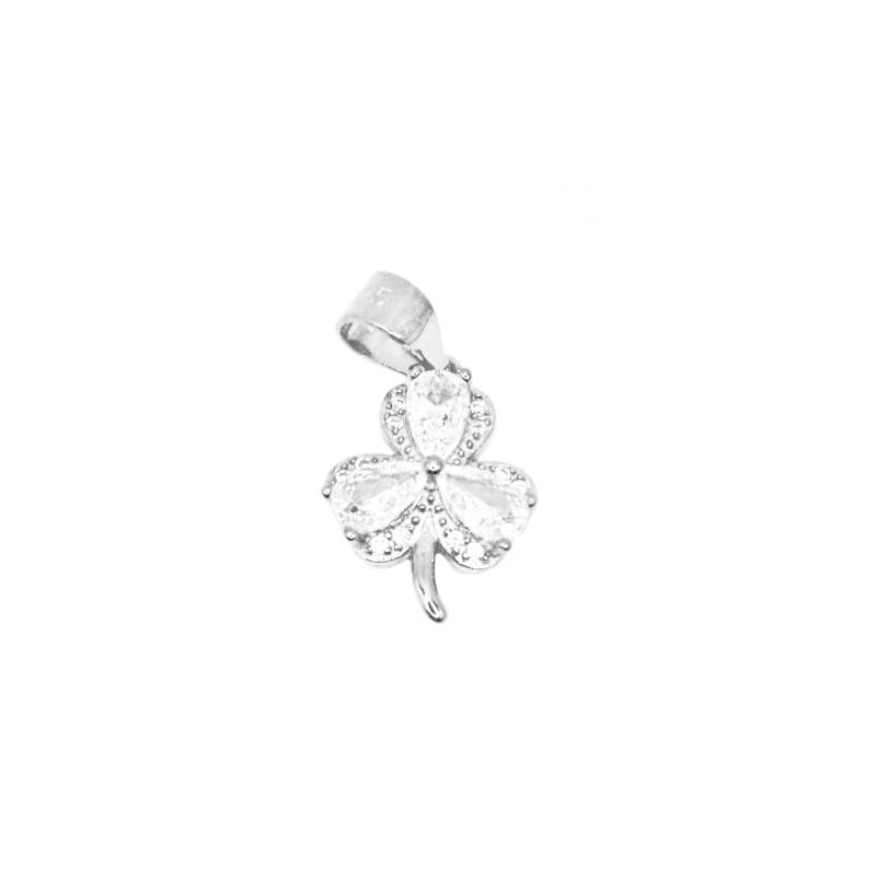 Ciondolo trifoglio con tre petali a spola bianca e contorno zirconati placcato in oro bianco in argento 925