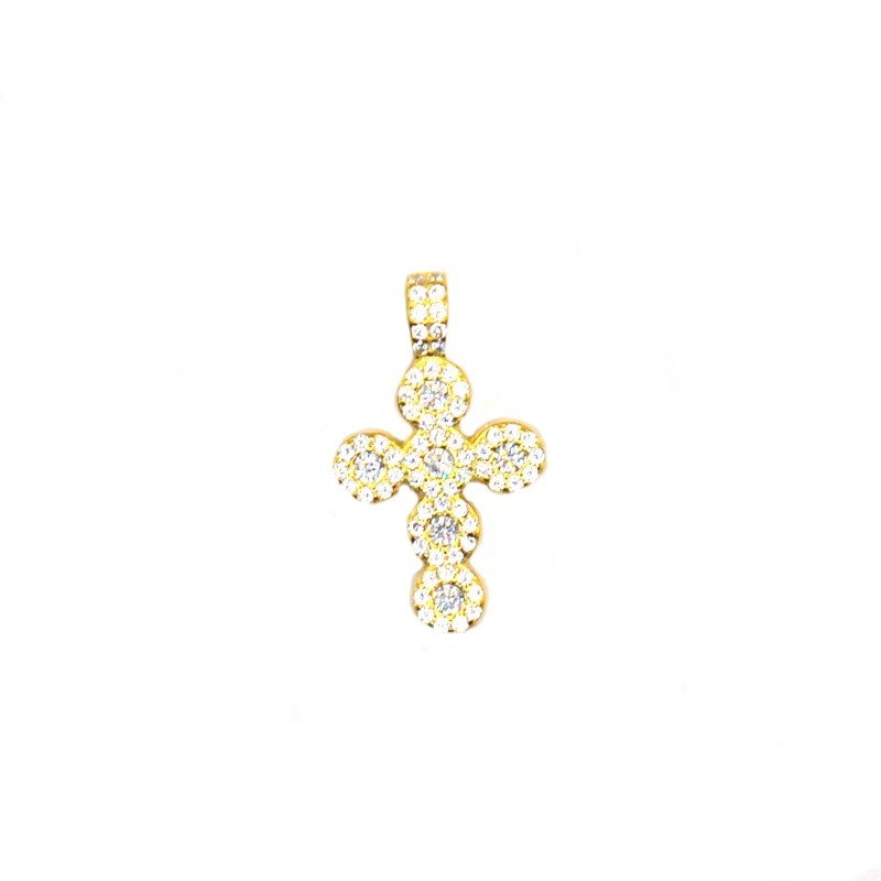 copy of Yellow gold plated cross pendant with round zircons and fixed zircon-plated counter-link in 925 silver