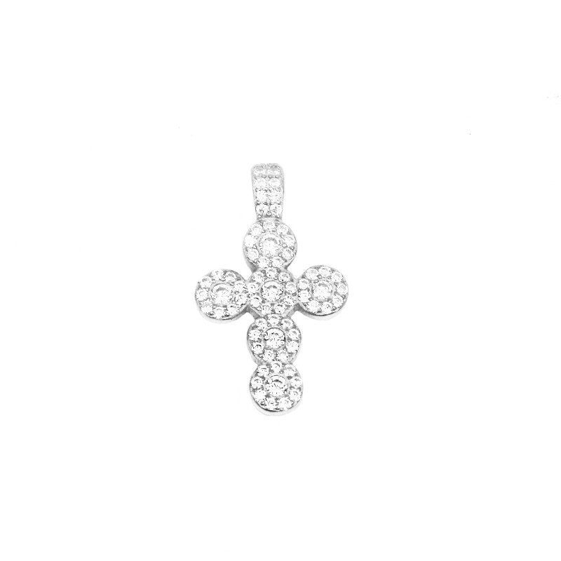 Ciondolo croce con zirconi tondi e contromaglia fissa zirconata placcata oro giallo in argento 925
