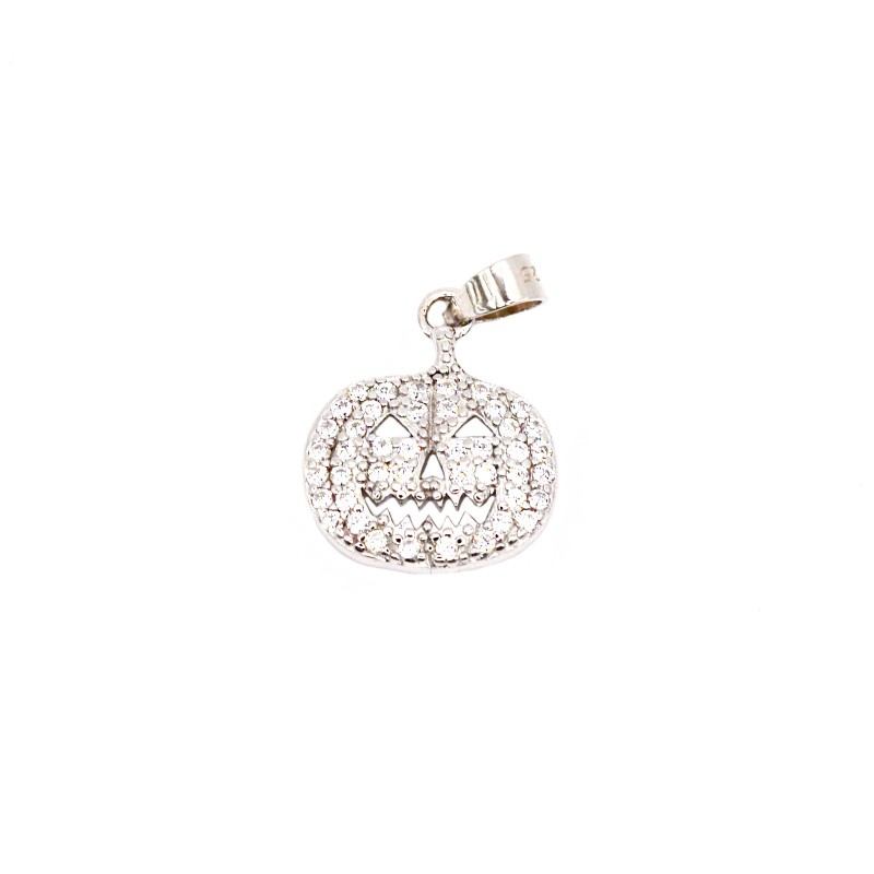 Ciondolo zucca  di halloween zirconata bianca placcata oro bianco in argento 925