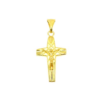 Ciondolo croce con dettagli incisi e satinati con cristo microfuso placcato oro giallo in argento 925