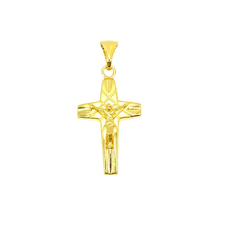 Ciondolo croce a lastra con dettagli incisi e satinati con cristo microfuso placcato oro giallo in argento 925