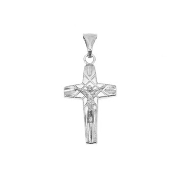 Ciondolo croce con dettagli incisi e satinati con cristo microfuso placcato oro bianco in argento 925