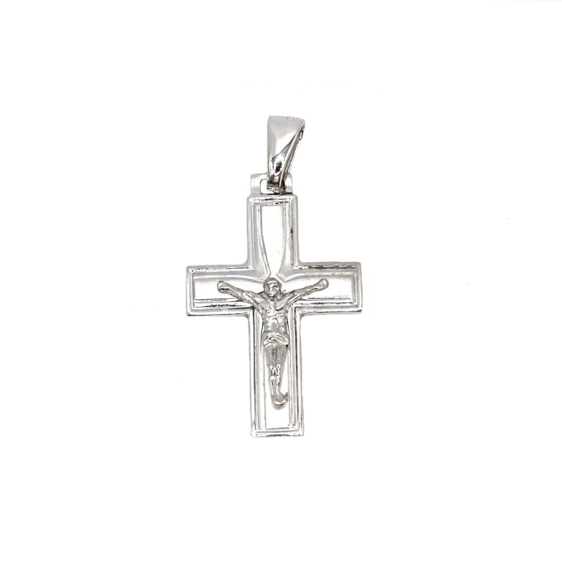 Ciondolo croce con dettagli satinati con cristo microfuso placcato oro bianco in argento 925