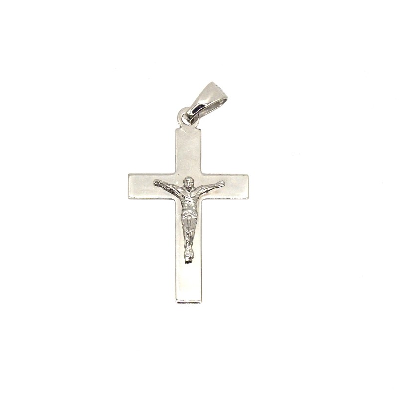 Ciondolo croce a lastra con cristo microfuso placcato oro bianco in argento 925