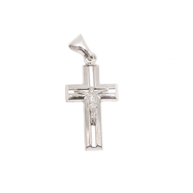 Ciondolo croce incisa e satinata con cristo microfuso placcato oro bianco in argento 925