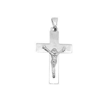 Ciondolo croce liscia con cristo microfuso placcato oro bianco in argento 925