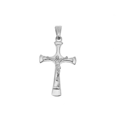 Ciondolo croce liscia con finali satinati e cristo microfuso placcato oro bianco  in argento 925