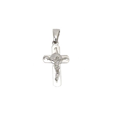 Ciondolo croce satinata con centrale liscio e cristo microfuso placcato oro bianco  in argento 925