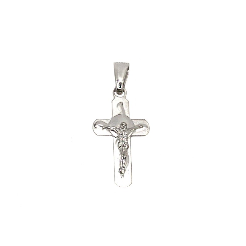 Ciondolo croce satinata con centrale liscio e cristo microfuso placcato oro bianco  in argento 925