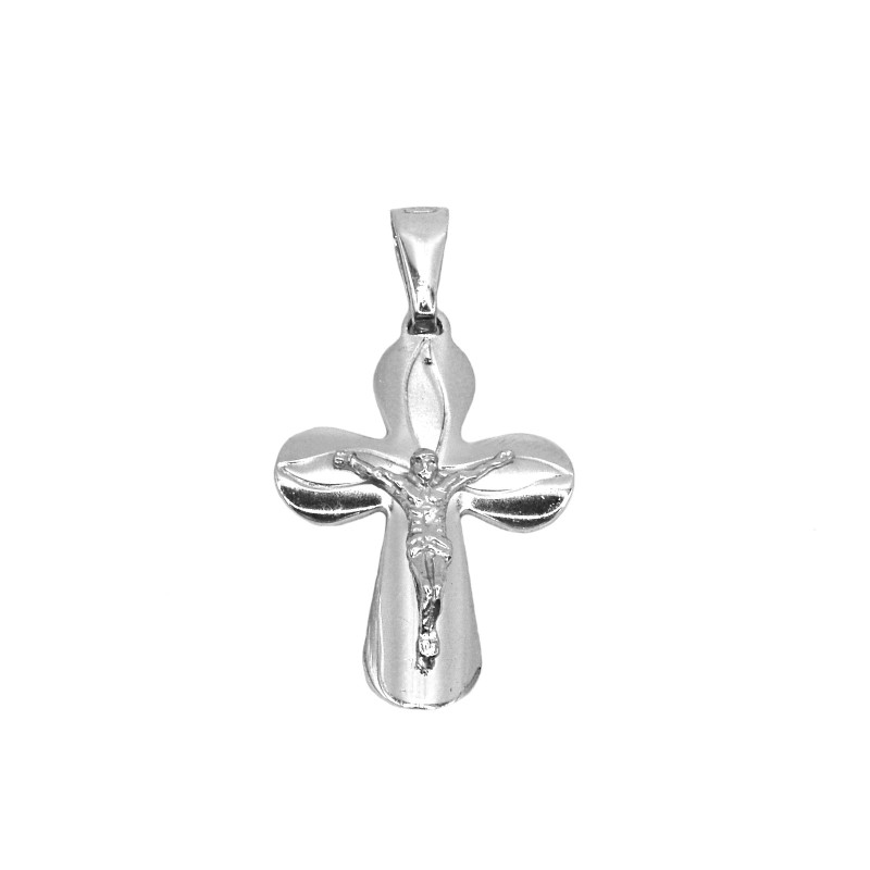 Ciondolo croce punte tonde liscia e satinata con cristo microfuso placcato oro bianco  in argento 925