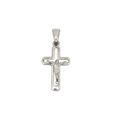 Ciondolo croce liscia e satinata con cristo microfuso placcato oro bianco  in argento 925
