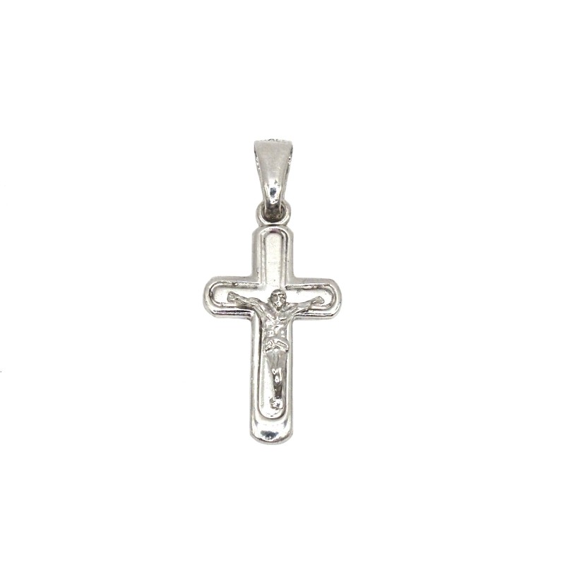 Ciondolo croce liscia e satinata con cristo microfuso placcato oro bianco  in argento 925