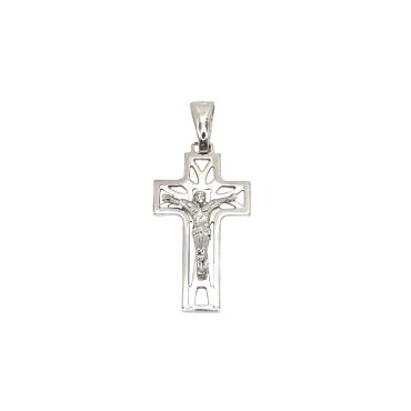 Ciondolo croce traforata satinata e lucida con cristo microfuso placcato oro bianco in argento 925