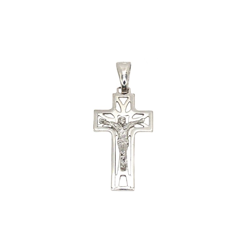 Ciondolo croce traforata satinata e lucida con cristo microfuso placcato oro bianco in argento 925