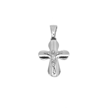 Ciondolo croce con punte tonde lucida con cristo microfuso placcato oro bianco in argento 925