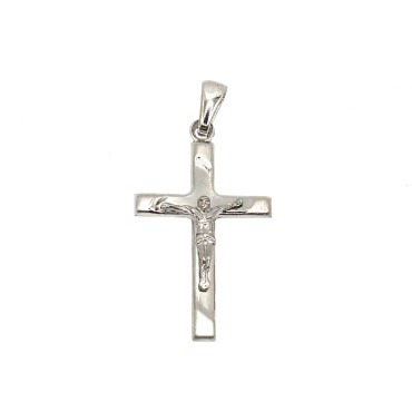 Ciondolo croce lucida con finali satinati e cristo microfuso placcato oro bianco in argento 925