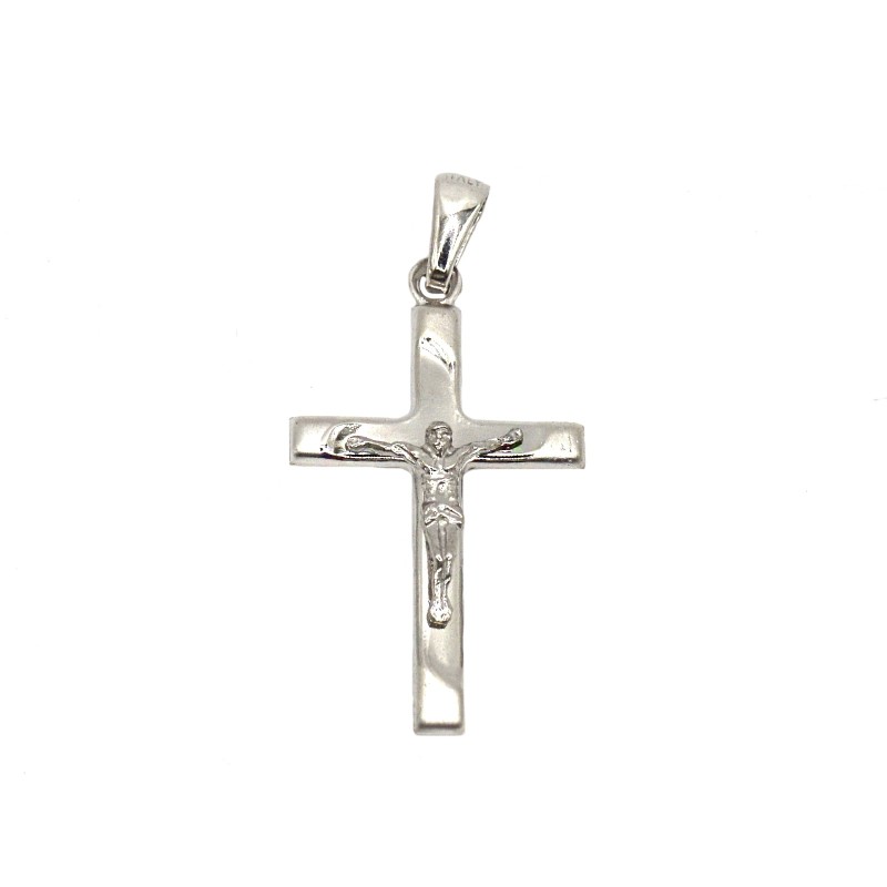Ciondolo croce lucida con finali satinati e cristo microfuso placcato oro bianco in argento 925