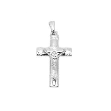 Ciondolo croce liscia con dettagli incisi e cristo microfuso placcato oro bianco in argento 925