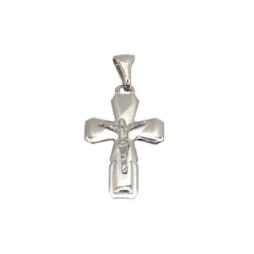 Ciondolo croce liscia e satinata con cristo microfuso placcato oro bianco in argento 925