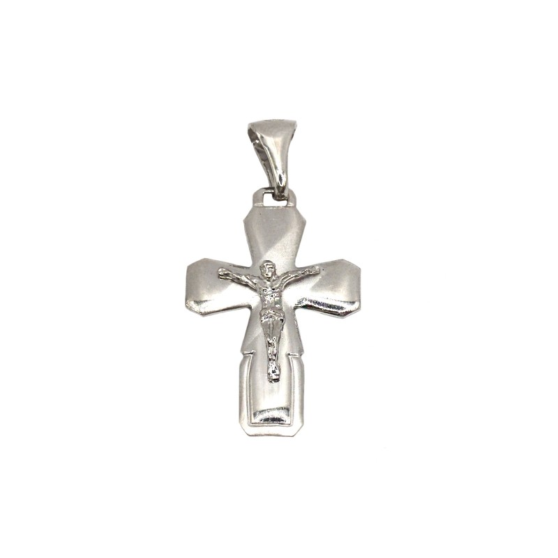 Ciondolo croce liscia e satinata con cristo microfuso placcato oro bianco in argento 925
