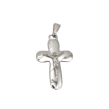Ciondolo croce con punte tonde lucide e satinate con cristo microfuso placcato oro bianco in argento 925