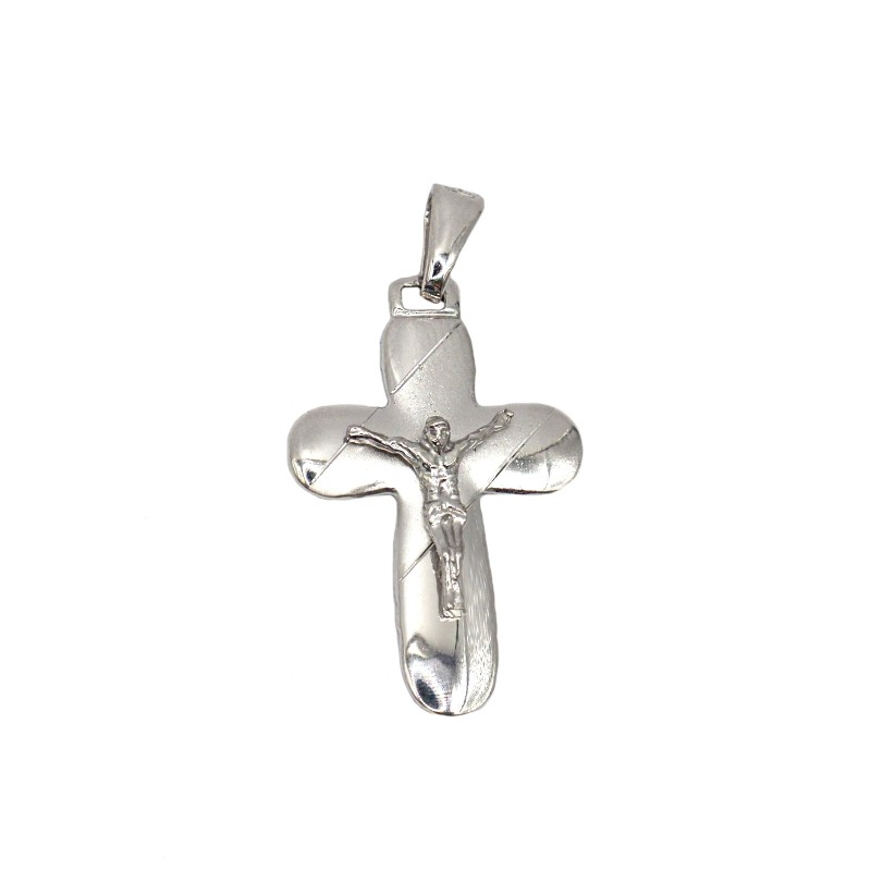 Ciondolo croce con punte tonde lucide e satinate con cristo microfuso placcato oro bianco in argento 925