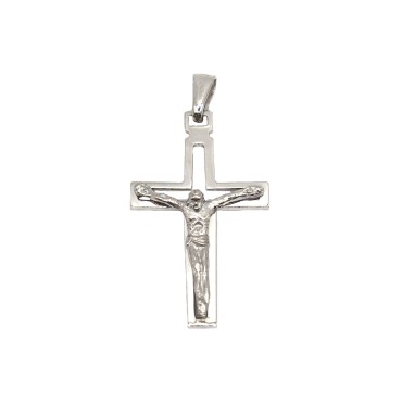 Ciondolo croce traforata con cristo microfuso placcato oro bianco in argento 925