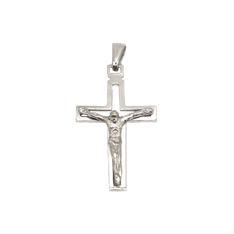 Ciondolo croce traforata con cristo microfuso placcato oro bianco in argento 925