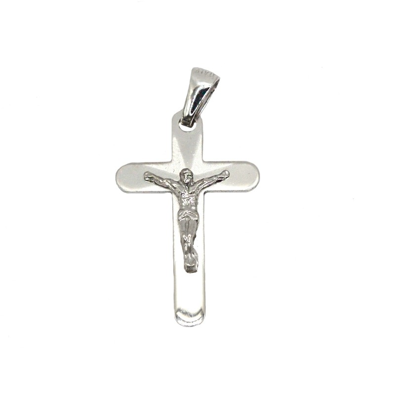 Ciondolo croce lucida e satinata con cristo microfuso placcato oro bianco in argento 925
