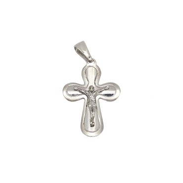 Ciondolo croce punte tonde e incisa con cristo microfuso placcato oro bianco in argento 925