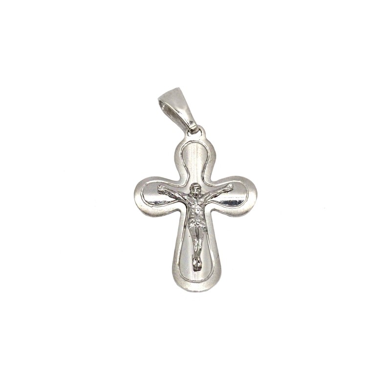 Ciondolo croce punte tonde e incisa con cristo microfuso placcato oro bianco in argento 925