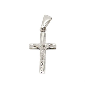 Ciondolo croce incisa con cristo microfuso placcato oro bianco in argento 925