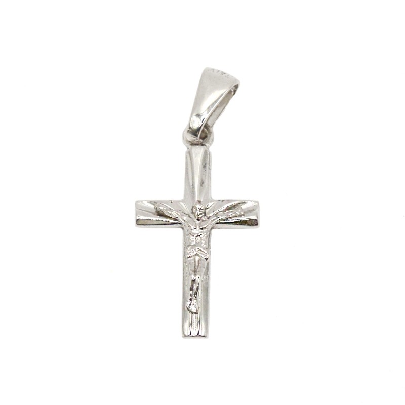 Ciondolo croce incisa con cristo microfuso placcato oro bianco in argento 925