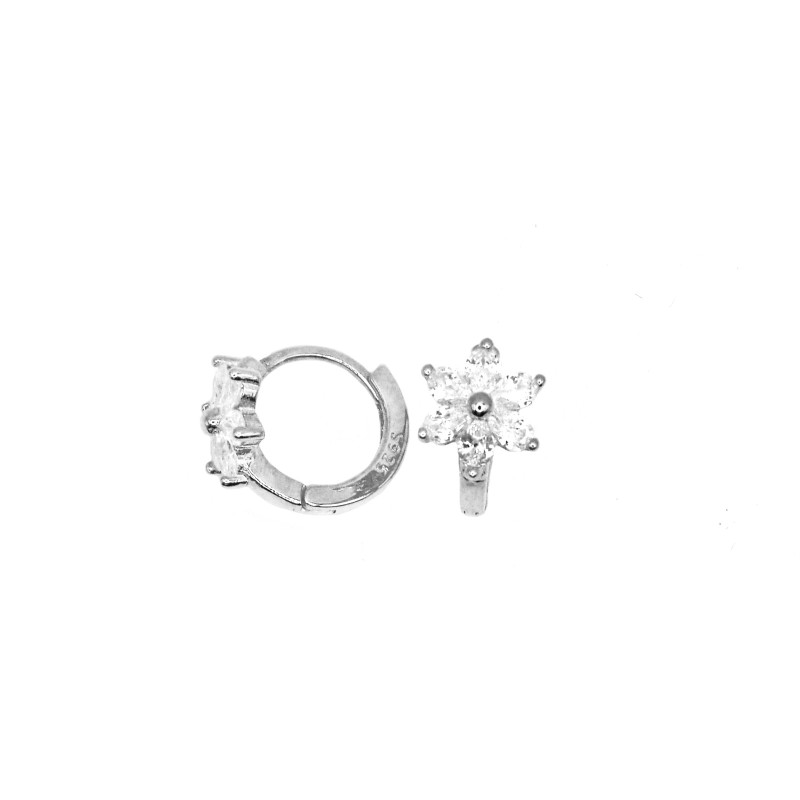 Orecchini a cerchio con fiore zirconato bianco e chiusura a scattino placcati oro bianco in argento 925