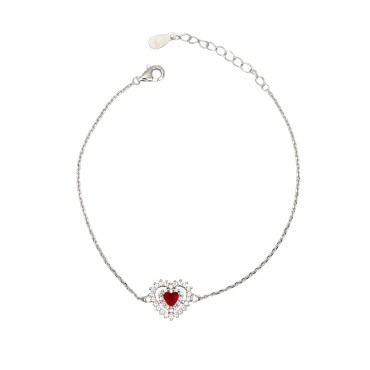 Bracciale forzatina con cuore pierta centrale rossa con doppia contorno di zirconi bianchi placcato oro bianco in argento 925