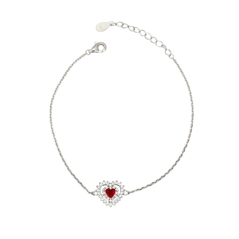Bracciale forzatina con cuore pierta centrale rossa con doppia contorno di zirconi bianchi placcato oro bianco in argento 925