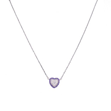 Collana maglia forzatina con cuore zirconato bianco con cornice di zirconi blu placcata oro bianco in argento 925