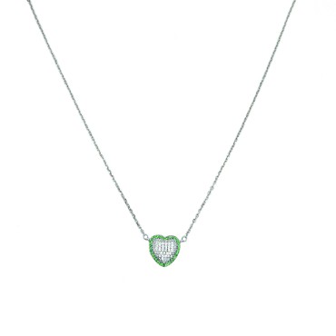 Collana maglia forzatina con cuore zirconato bianco con cornice di zirconi verdi placcata oro bianco in argento 925