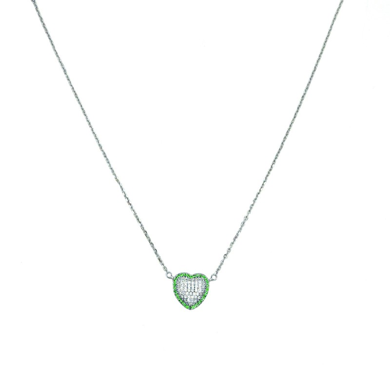 Collana maglia forzatina con cuore zirconato bianco con cornice di zirconi verdi placcata oro bianco in argento 925