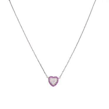 Collana maglia forzatina con cuore zirconato bianco con cornice di zirconi rossi placcata oro bianco in argento 925