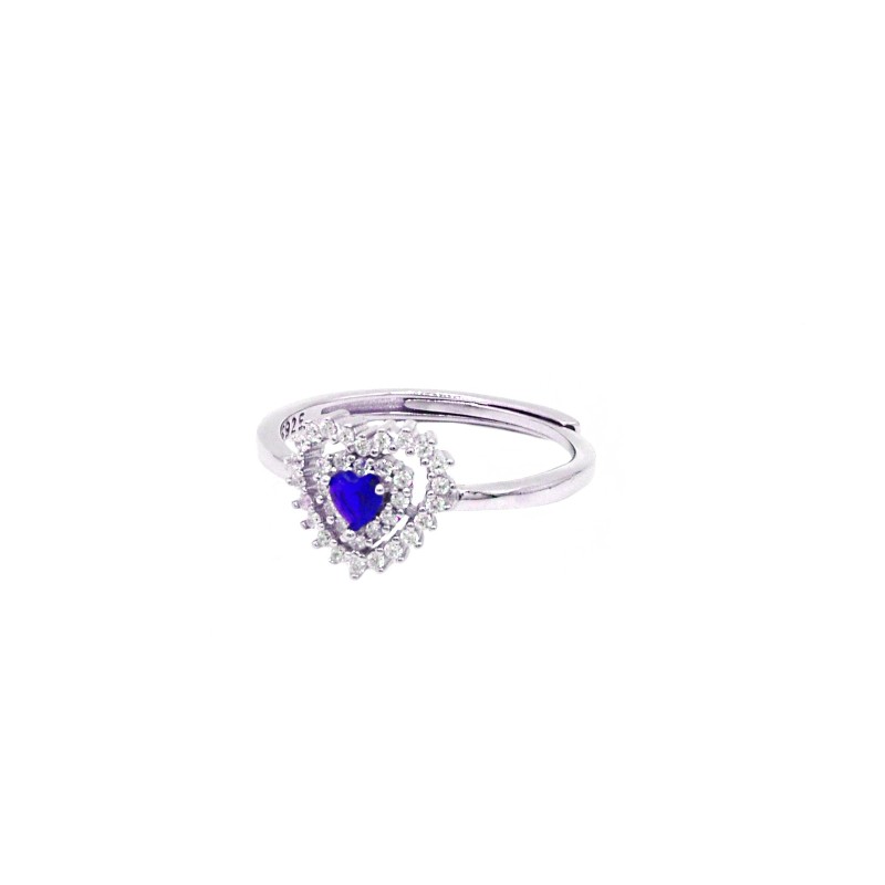Anello regolabile con cuore pierta centrale blu con doppia contorno di zirconi bianchi placcato oro bianco in argento 925