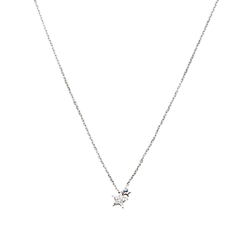 Collana maglia forzatina con stella passante zirconata bianca e mini stella liscia placcata oro bianco in argento 925